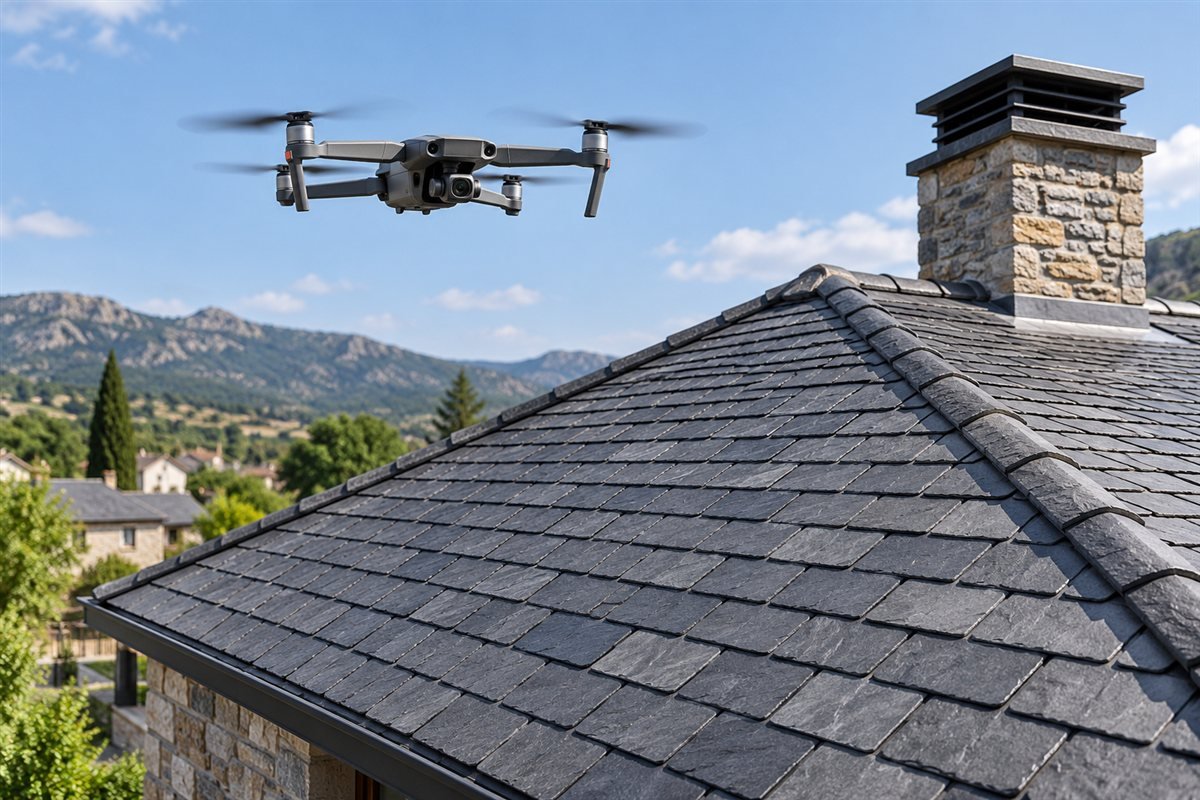 Imagen ilustrativa generada de un dron de inspección sobre un tejado de pizarra; no corresponde a una obra documentada.